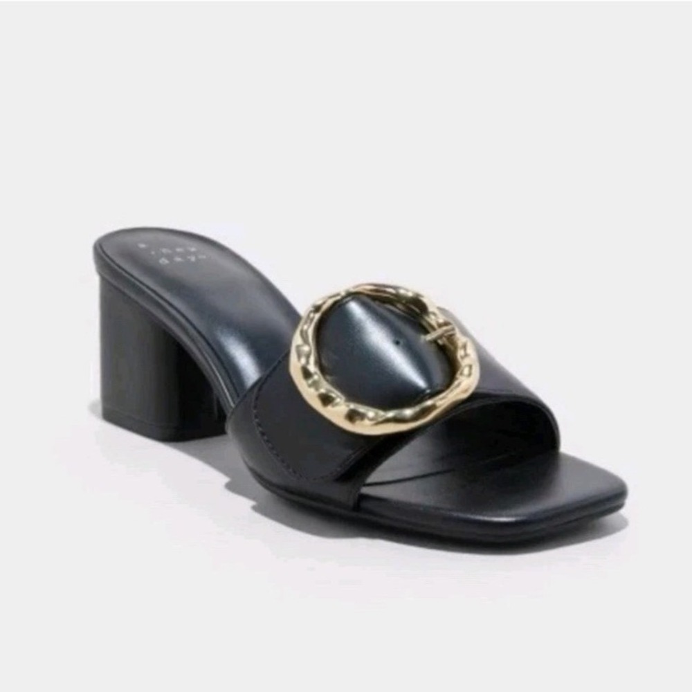 a new day Black Block Heel Slide Sandal with Gold Buckle